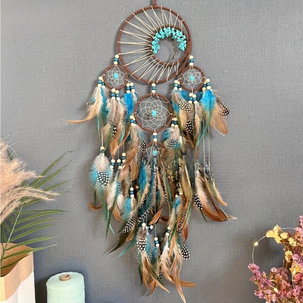 Large Boho Dreamcatcher Wall Hanging - Turquoise & Feather Decor - Picture 3 of 9